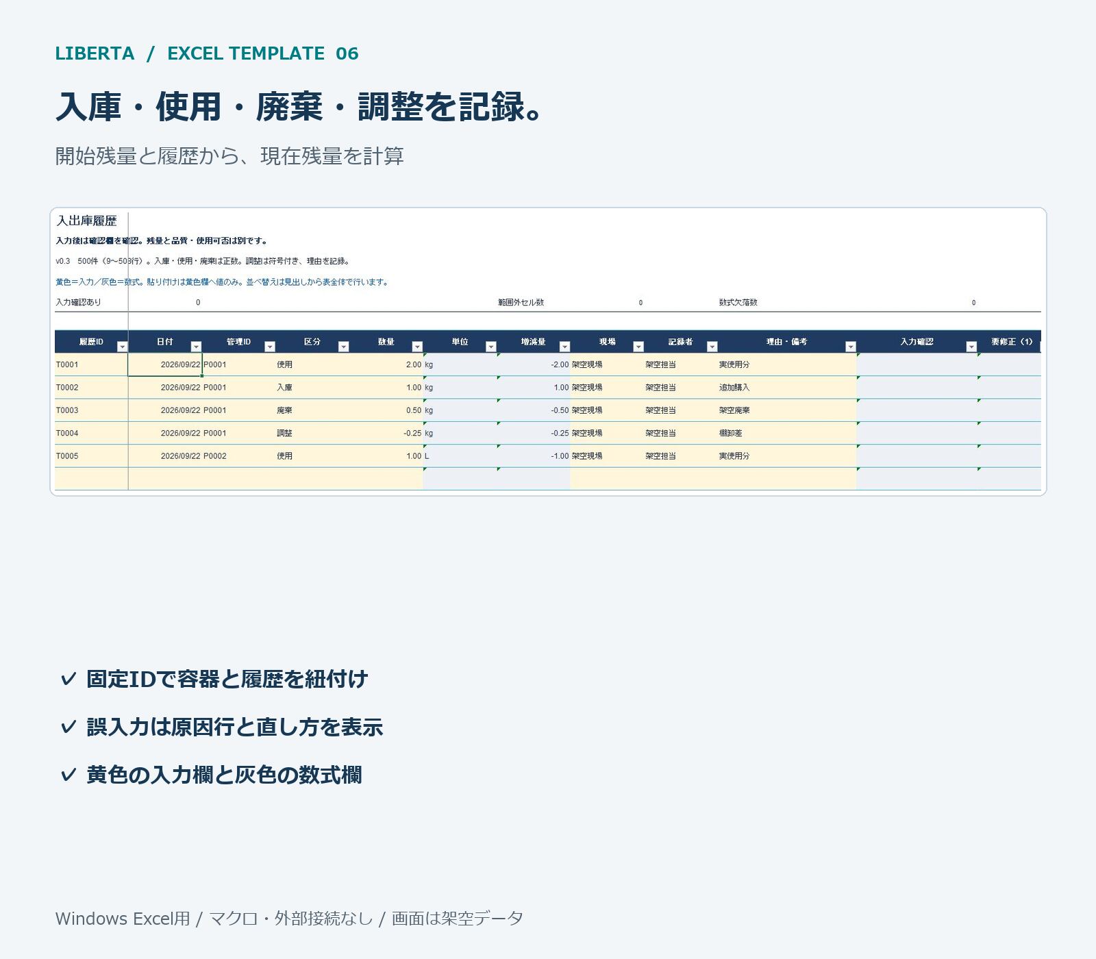 Liberta 塗料・色番号・残材管理Excel|100容器・履歴500件の商品紹介画像・使用例